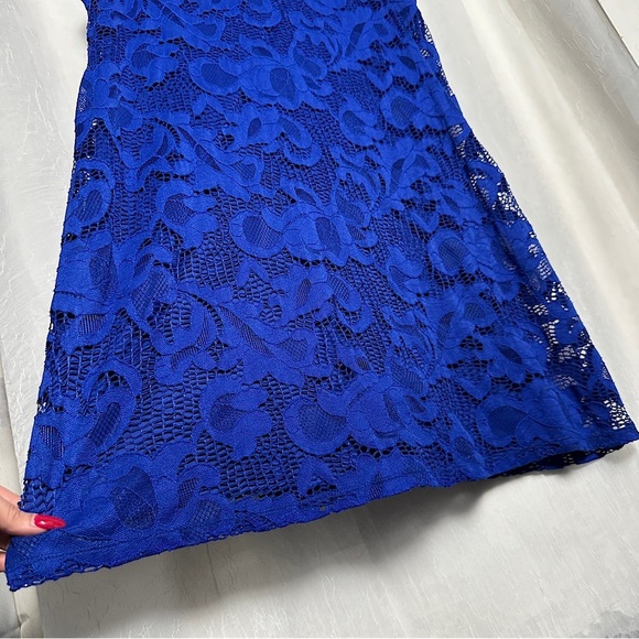 Ronni Nicole Blue Floral Crochet Lace Dress Knee Length Feminine Holiday Sz 16 - Picture 9 of 17
